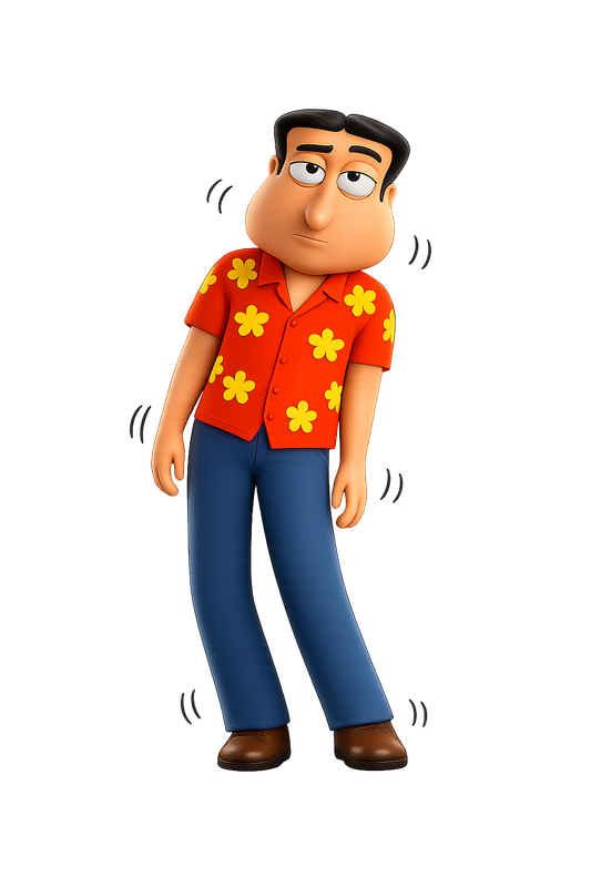 Wally, a calm cartoon man in a red Hawaiian shirt and denim jeans, gently wobbling in place